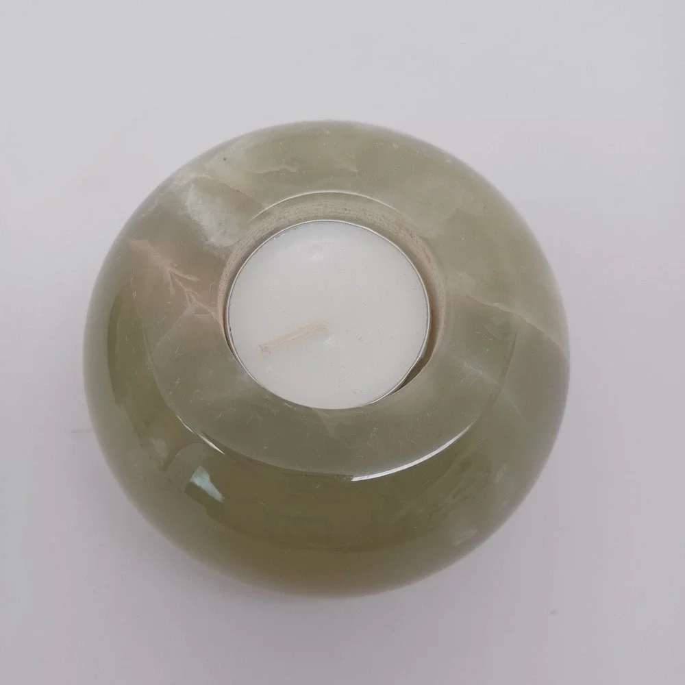 Polished Alabaster Onyx Stone Tea Light Candle Holder Green Brown‎ Round Sphere